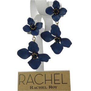 NWT Rachel Roy Navy Blue Double Flower Earrings with Center Crystal